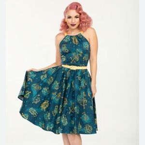L Pinup Couture Harley Swing Teal and Yellow Midi Dress Astrology/zodiac Print